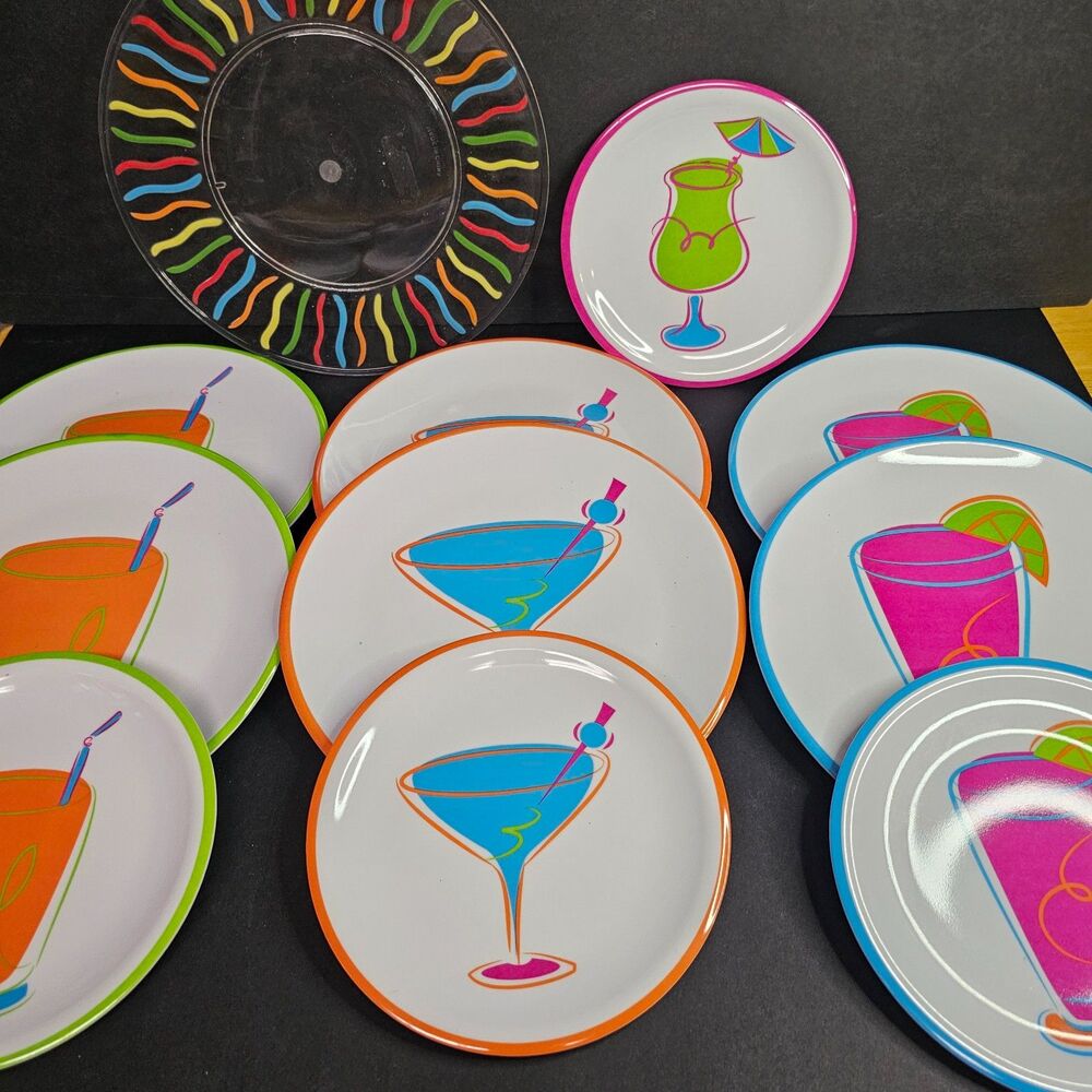 Set of 11 Plastic Cocktail Plates Martini Daquiri Bright Summer